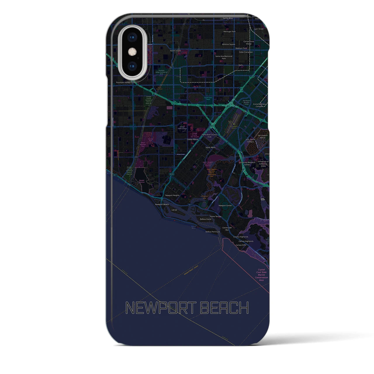 【ニューポートビーチ】地図柄iPhoneケース（バックカバータイプ・ブラック）iPhone XS Max 用