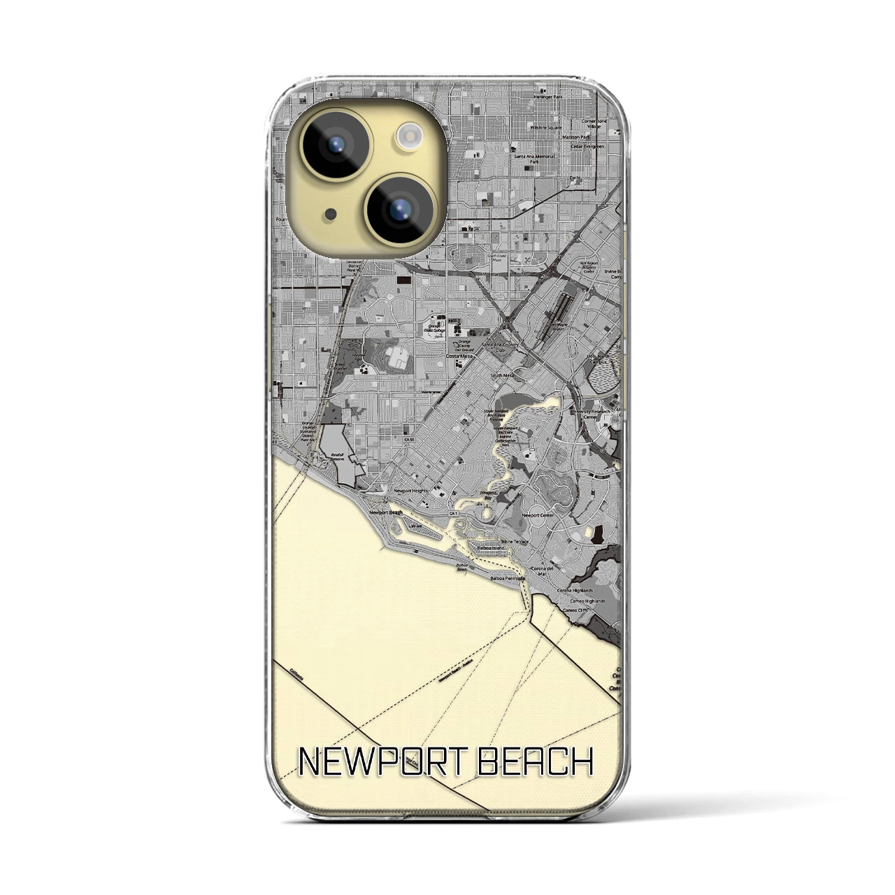 【ニューポートビーチ】地図柄iPhoneケース（クリアタイプ・モノトーン）iPhone 15 用