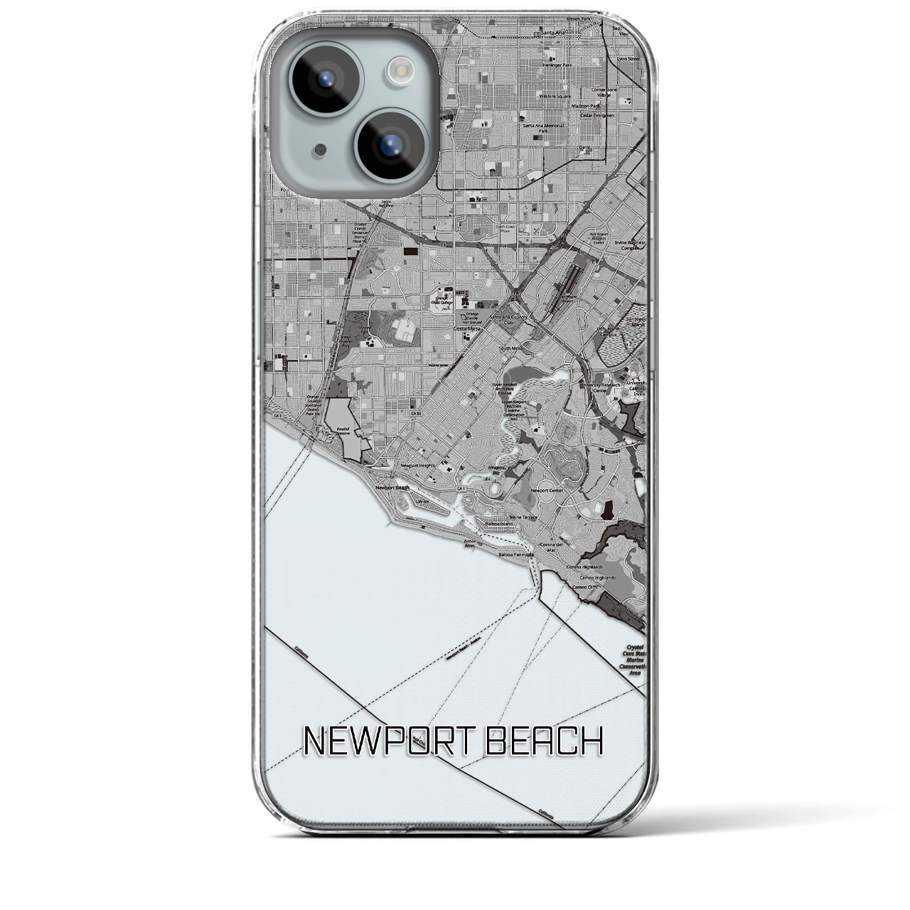 【ニューポートビーチ】地図柄iPhoneケース（クリアタイプ・モノトーン）iPhone 15 Plus 用