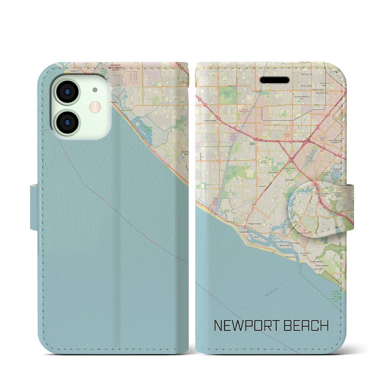 【ニューポートビーチ】地図柄iPhoneケース（手帳両面タイプ・ナチュラル）iPhone 12 mini 用