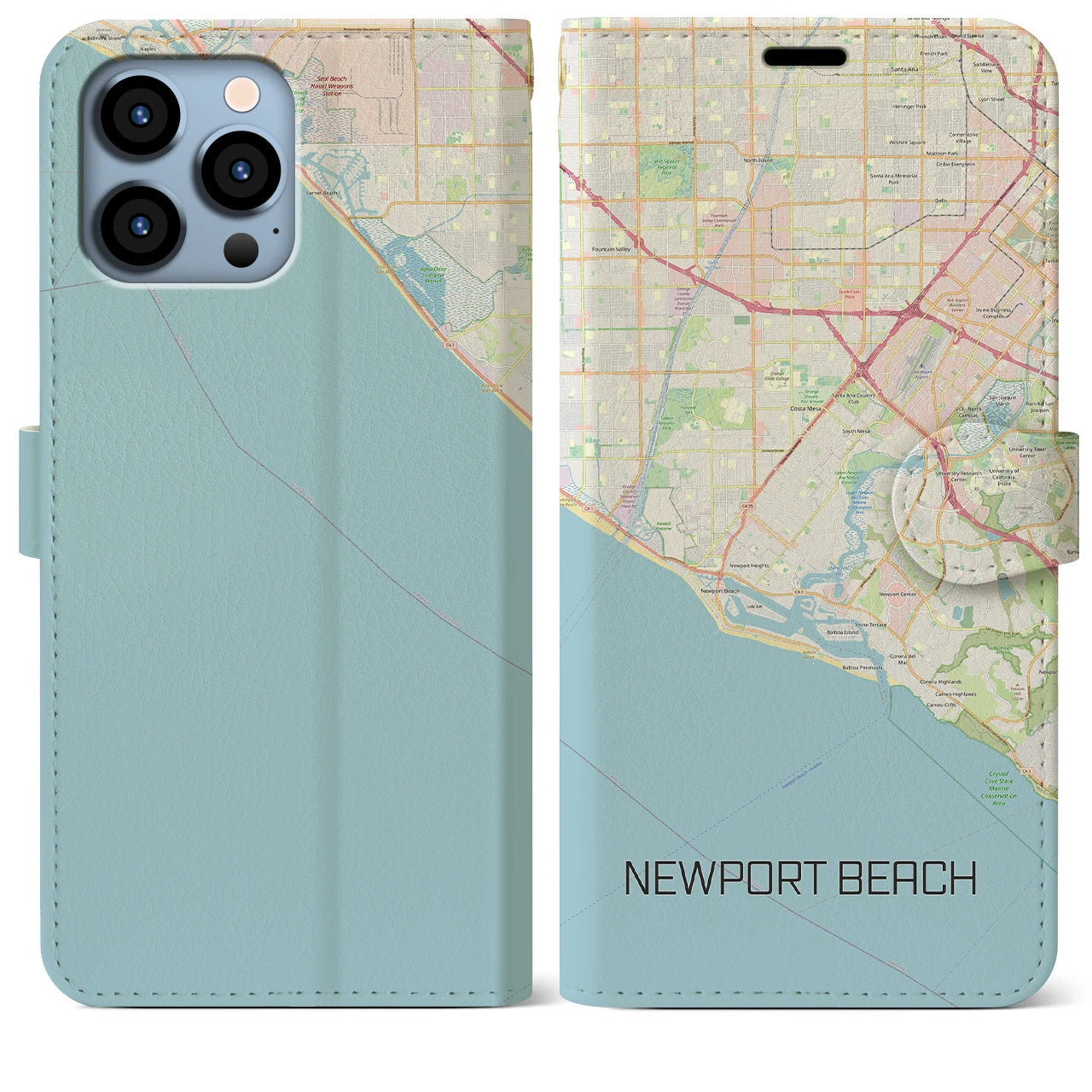 【ニューポートビーチ】地図柄iPhoneケース（手帳両面タイプ・ナチュラル）iPhone 13 Pro Max 用