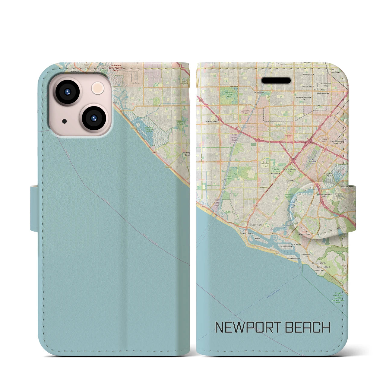 【ニューポートビーチ】地図柄iPhoneケース（手帳両面タイプ・ナチュラル）iPhone 13 mini 用
