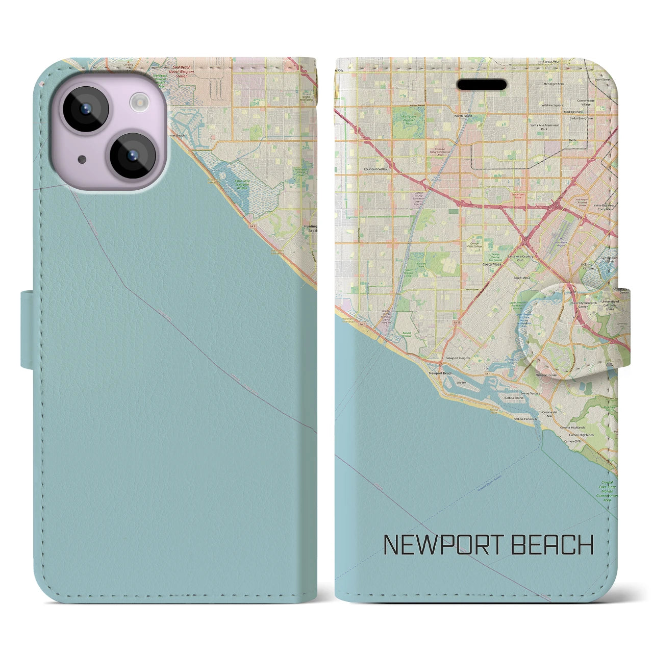 【ニューポートビーチ】地図柄iPhoneケース（手帳両面タイプ・ナチュラル）iPhone 14 用