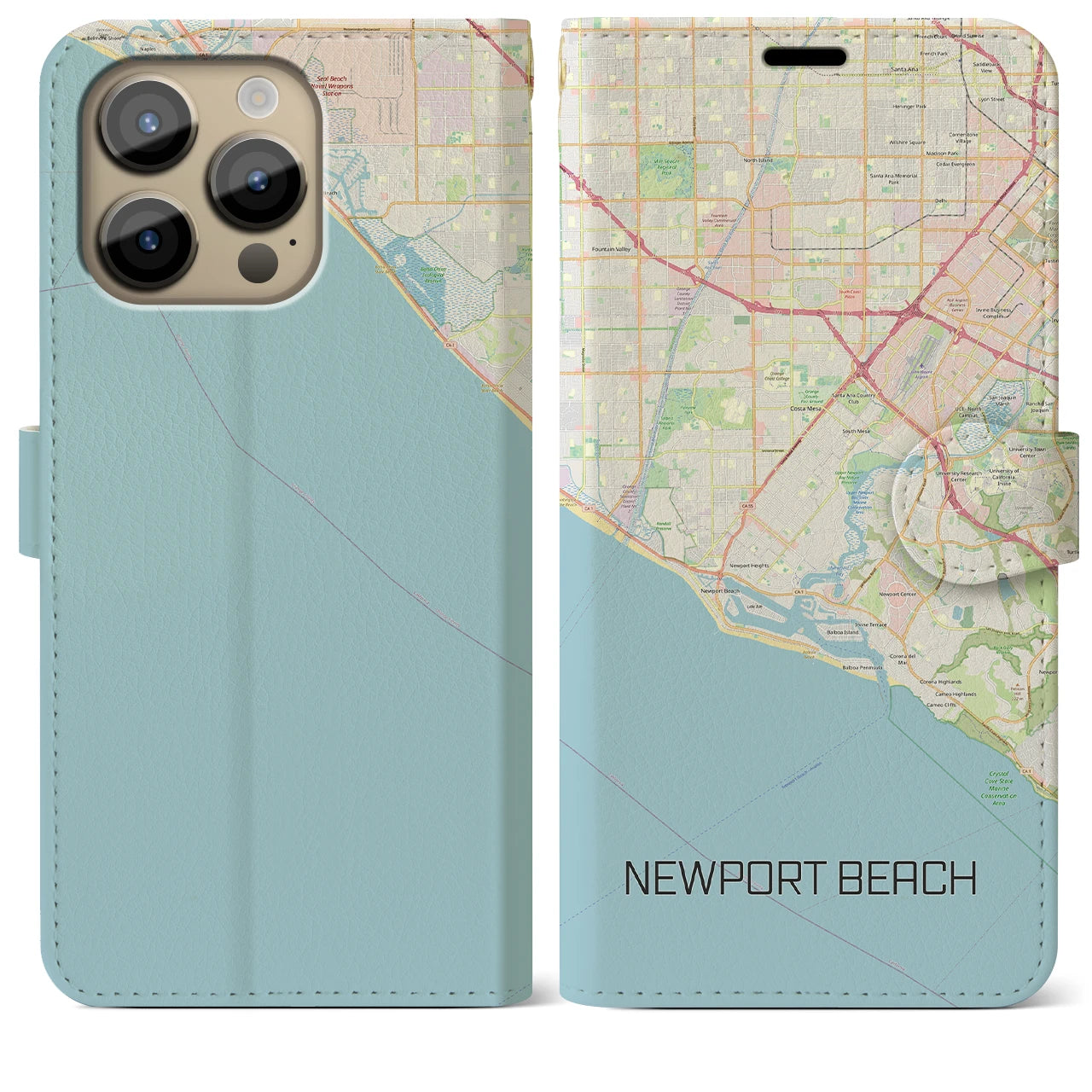 【ニューポートビーチ】地図柄iPhoneケース（手帳両面タイプ・ナチュラル）iPhone 14 Pro Max 用