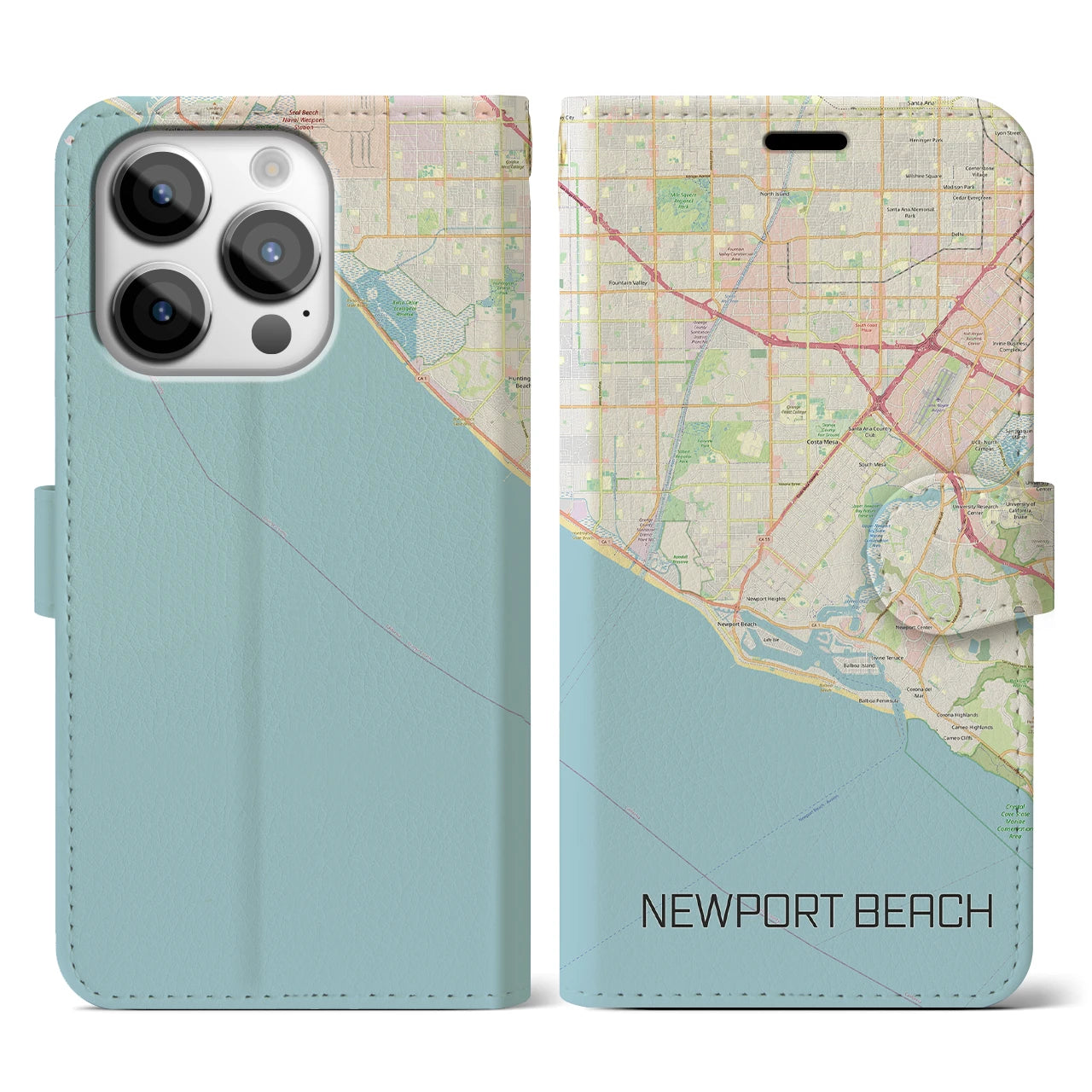 【ニューポートビーチ】地図柄iPhoneケース（手帳両面タイプ・ナチュラル）iPhone 14 Pro 用