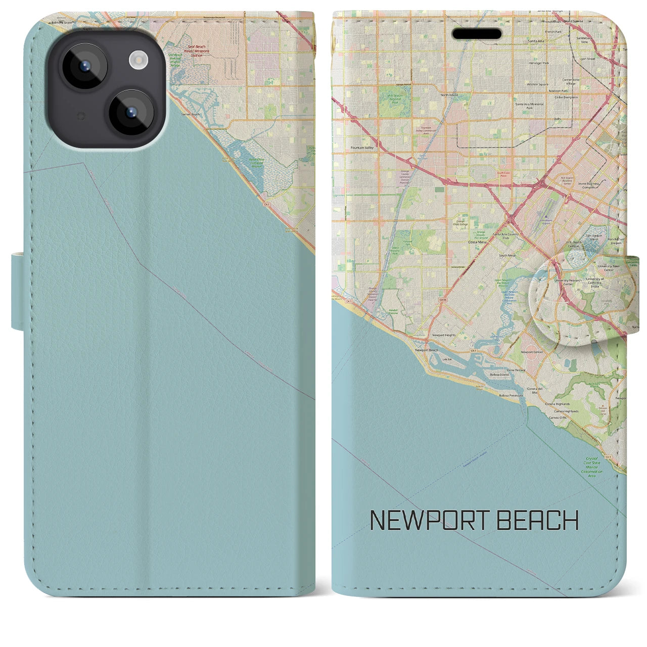 【ニューポートビーチ】地図柄iPhoneケース（手帳両面タイプ・ナチュラル）iPhone 14 Plus 用