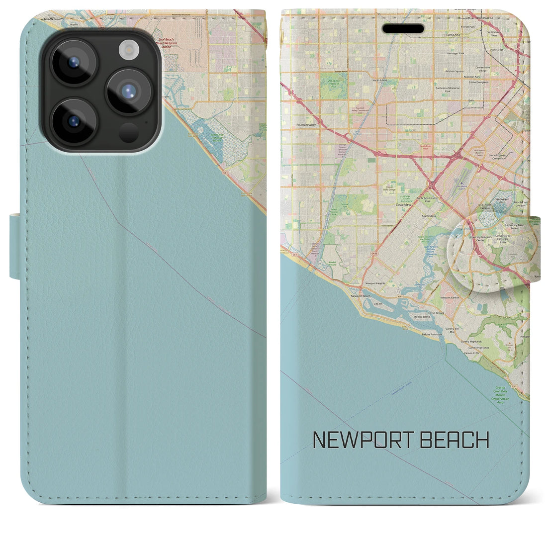 【ニューポートビーチ】地図柄iPhoneケース（手帳両面タイプ・ナチュラル）iPhone 15 Pro Max 用