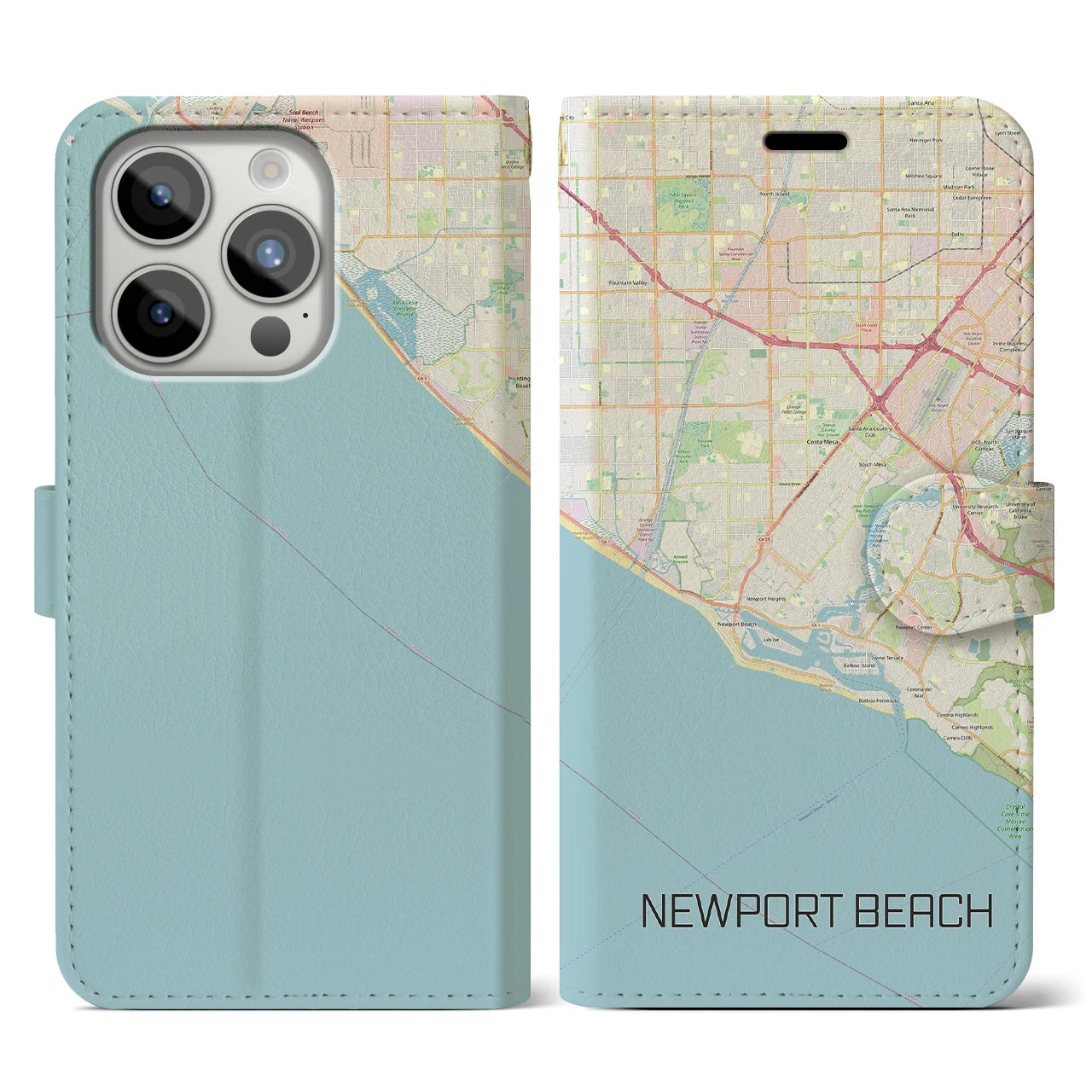 【ニューポートビーチ】地図柄iPhoneケース（手帳両面タイプ・ナチュラル）iPhone 15 Pro 用