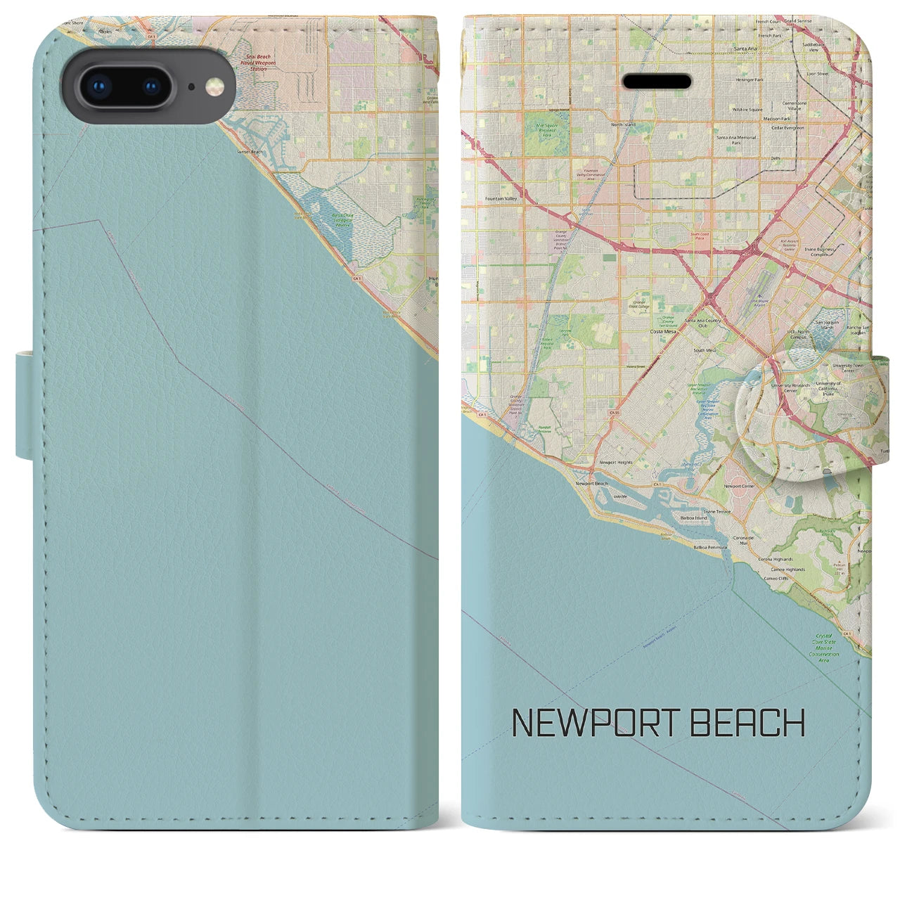 【ニューポートビーチ】地図柄iPhoneケース（手帳両面タイプ・ナチュラル）iPhone 8Plus /7Plus / 6sPlus / 6Plus 用