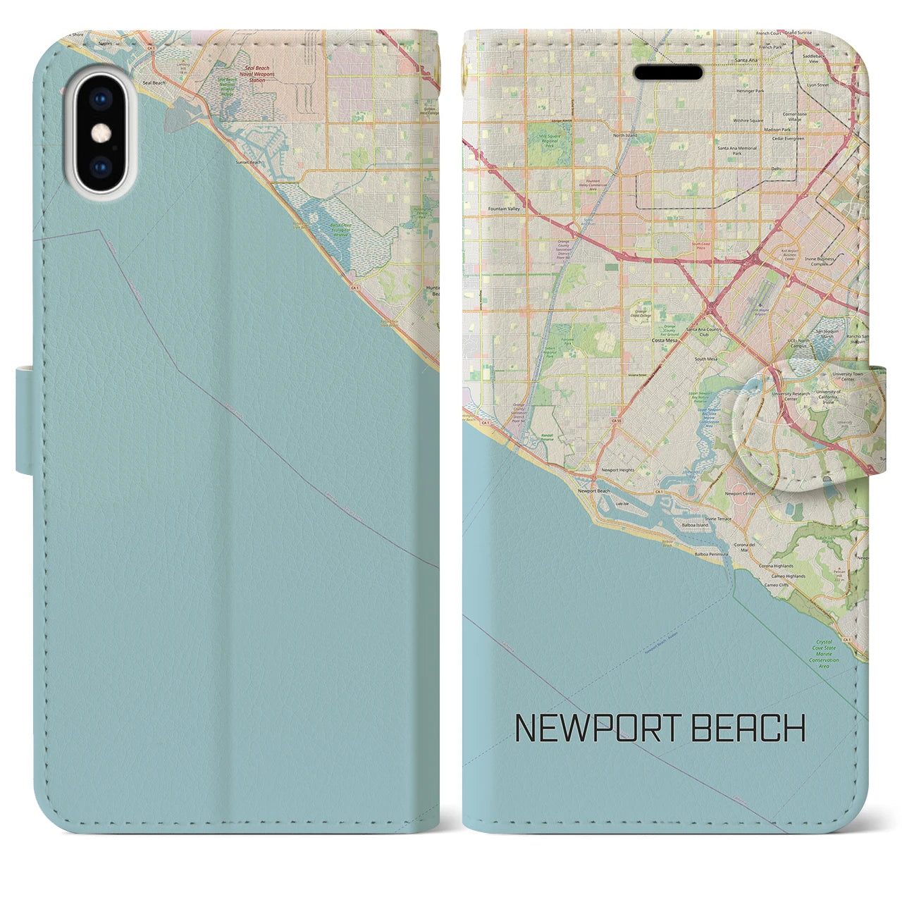 【ニューポートビーチ】地図柄iPhoneケース（手帳両面タイプ・ナチュラル）iPhone XS Max 用