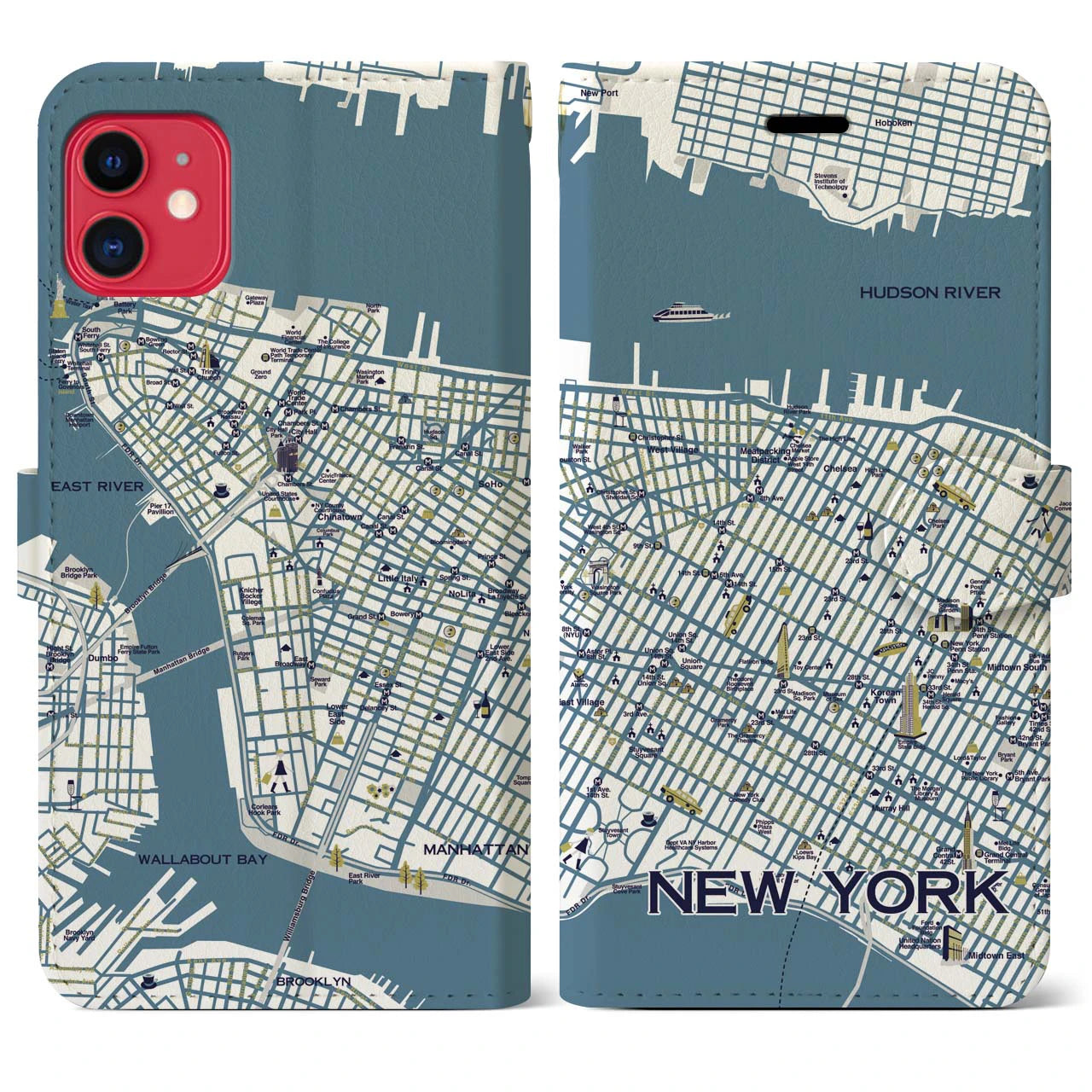 【ニューヨーク（イラスト）】地図柄iPhoneケース（手帳両面タイプ・ブライト）iPhone 11 用