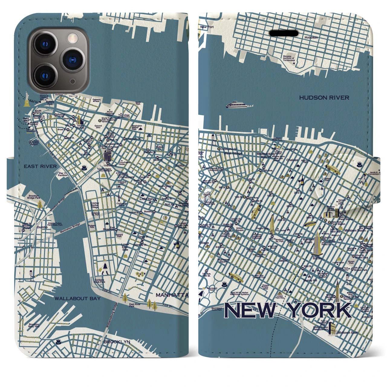 【ニューヨーク（イラスト）】地図柄iPhoneケース（手帳両面タイプ・ブライト）iPhone 11 Pro Max 用