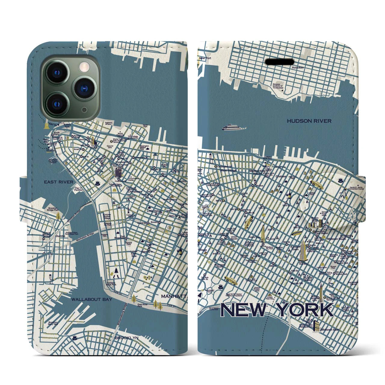 【ニューヨーク（イラスト）】地図柄iPhoneケース（手帳両面タイプ・ブライト）iPhone 11 Pro 用