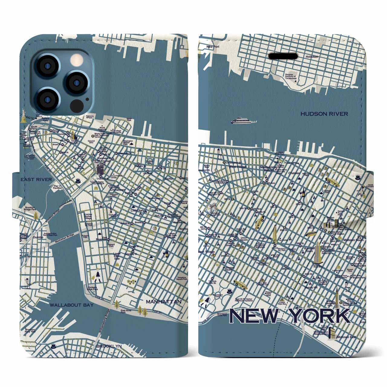 【ニューヨーク（イラスト）】地図柄iPhoneケース（手帳両面タイプ・ブライト）iPhone 12 / 12 Pro 用
