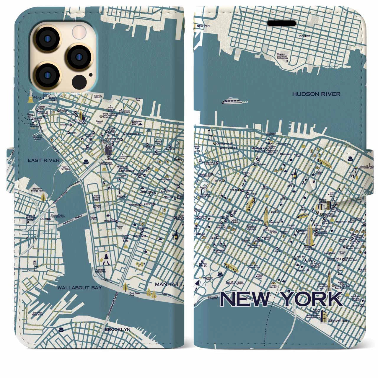 【ニューヨーク（イラスト）】地図柄iPhoneケース（手帳両面タイプ・ブライト）iPhone 12 Pro Max 用