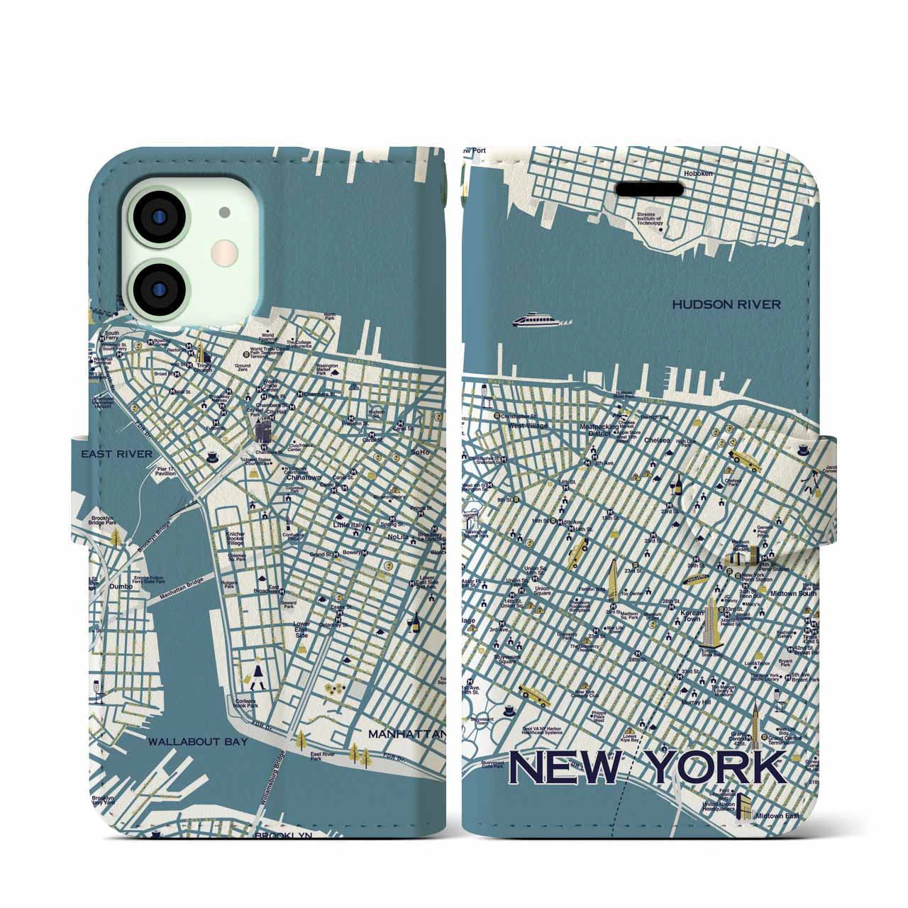【ニューヨーク（イラスト）】地図柄iPhoneケース（手帳両面タイプ・ブライト）iPhone 12 mini 用