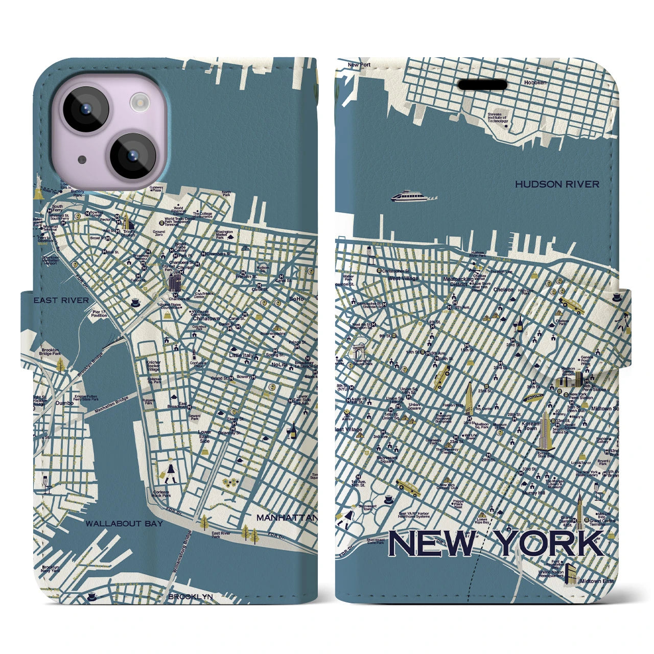 【ニューヨーク（イラスト）】地図柄iPhoneケース（手帳両面タイプ・ブライト）iPhone 14 用