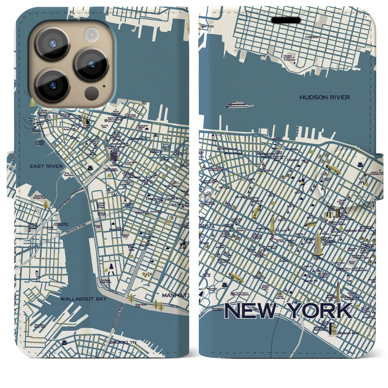 【ニューヨーク（イラスト）】地図柄iPhoneケース（手帳両面タイプ・ブライト）iPhone 14 Pro Max 用
