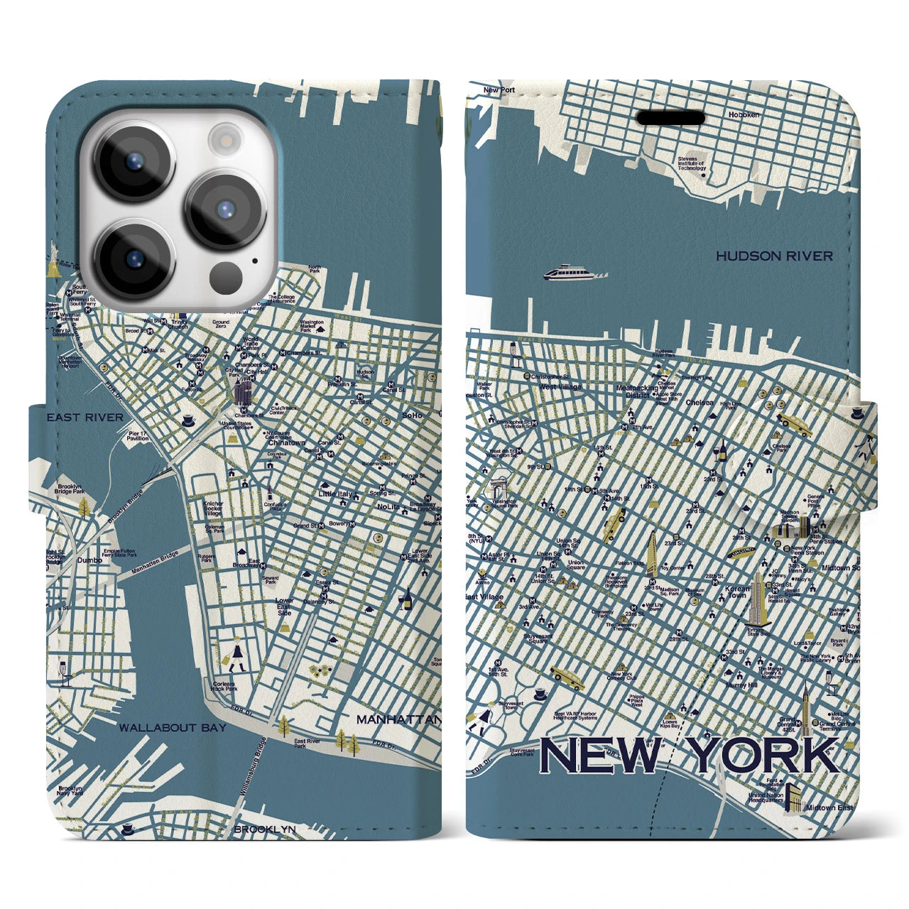 【ニューヨーク（イラスト）】地図柄iPhoneケース（手帳両面タイプ・ブライト）iPhone 14 Pro 用