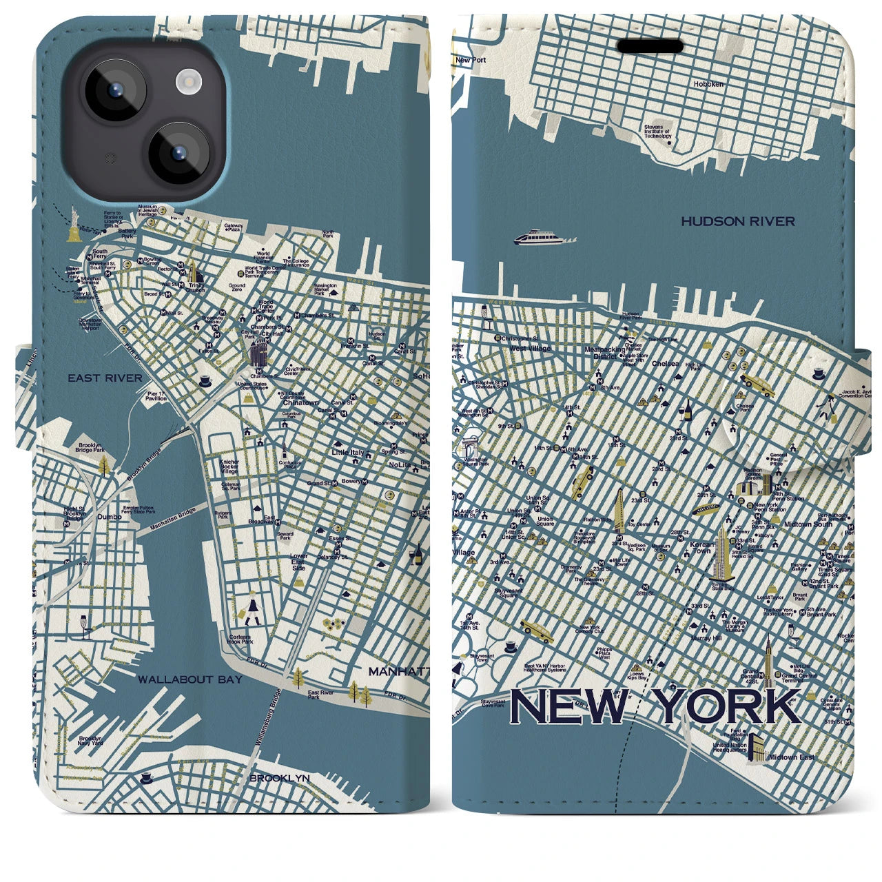 【ニューヨーク（イラスト）】地図柄iPhoneケース（手帳両面タイプ・ブライト）iPhone 14 Plus 用