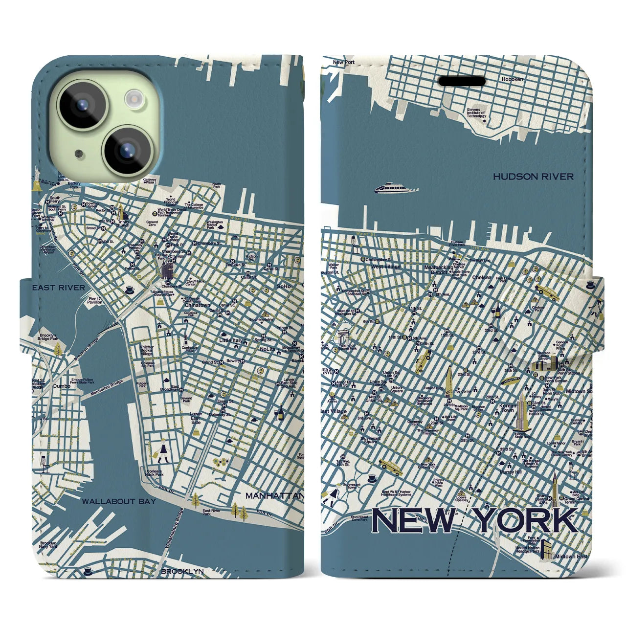 【ニューヨーク（イラスト）】地図柄iPhoneケース（手帳両面タイプ・ブライト）iPhone 15 用