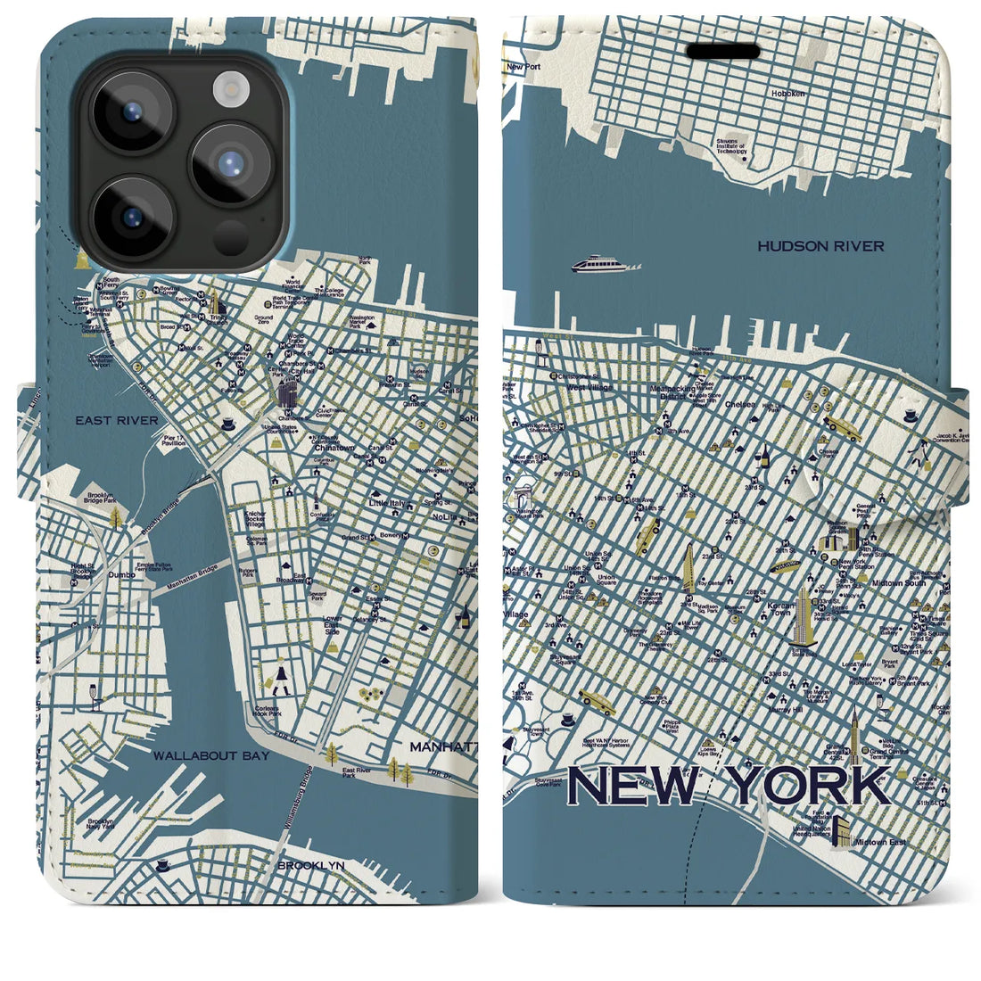 【ニューヨーク（イラスト）】地図柄iPhoneケース（手帳両面タイプ・ブライト）iPhone 15 Pro Max 用