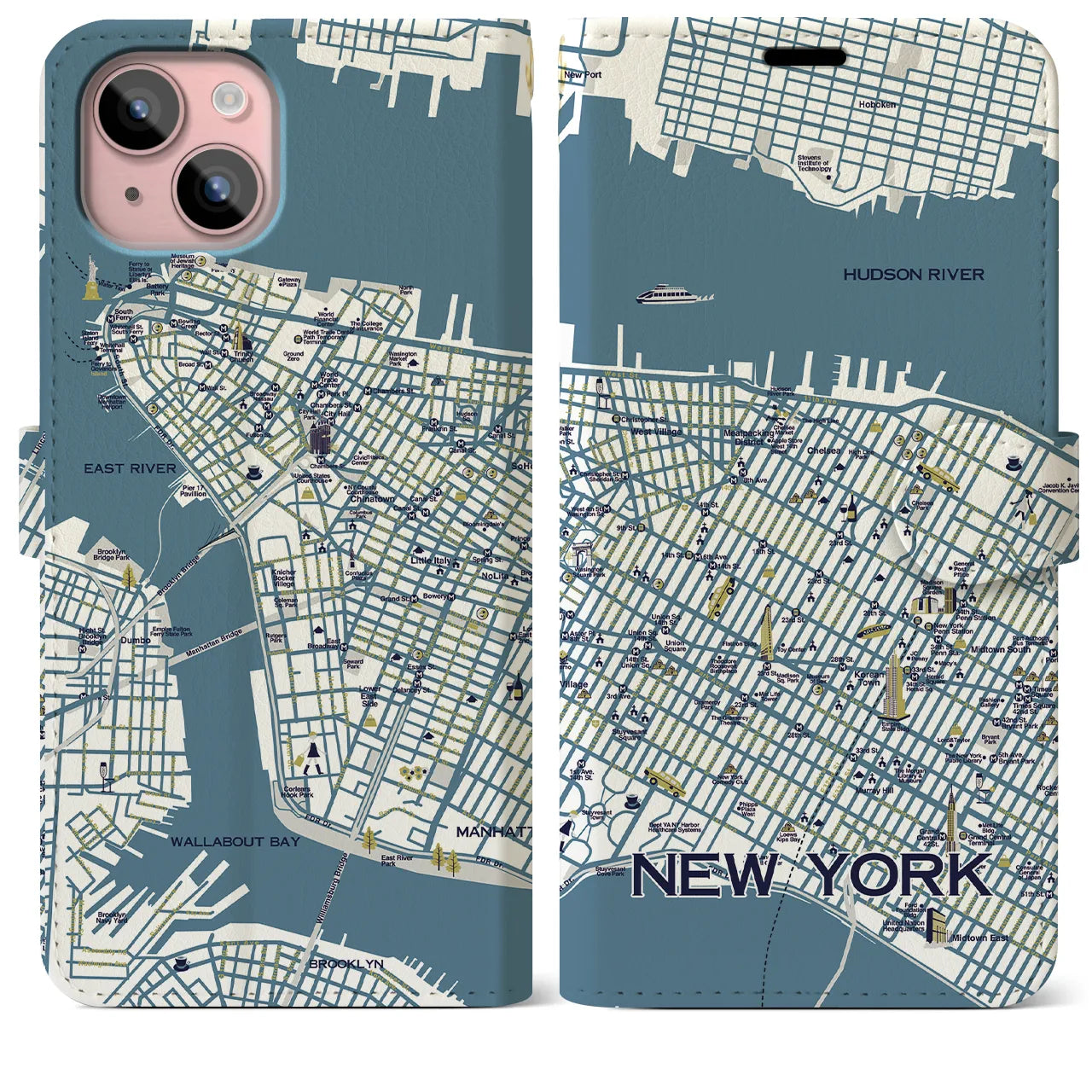【ニューヨーク（イラスト）】地図柄iPhoneケース（手帳両面タイプ・ブライト）iPhone 15 Plus 用
