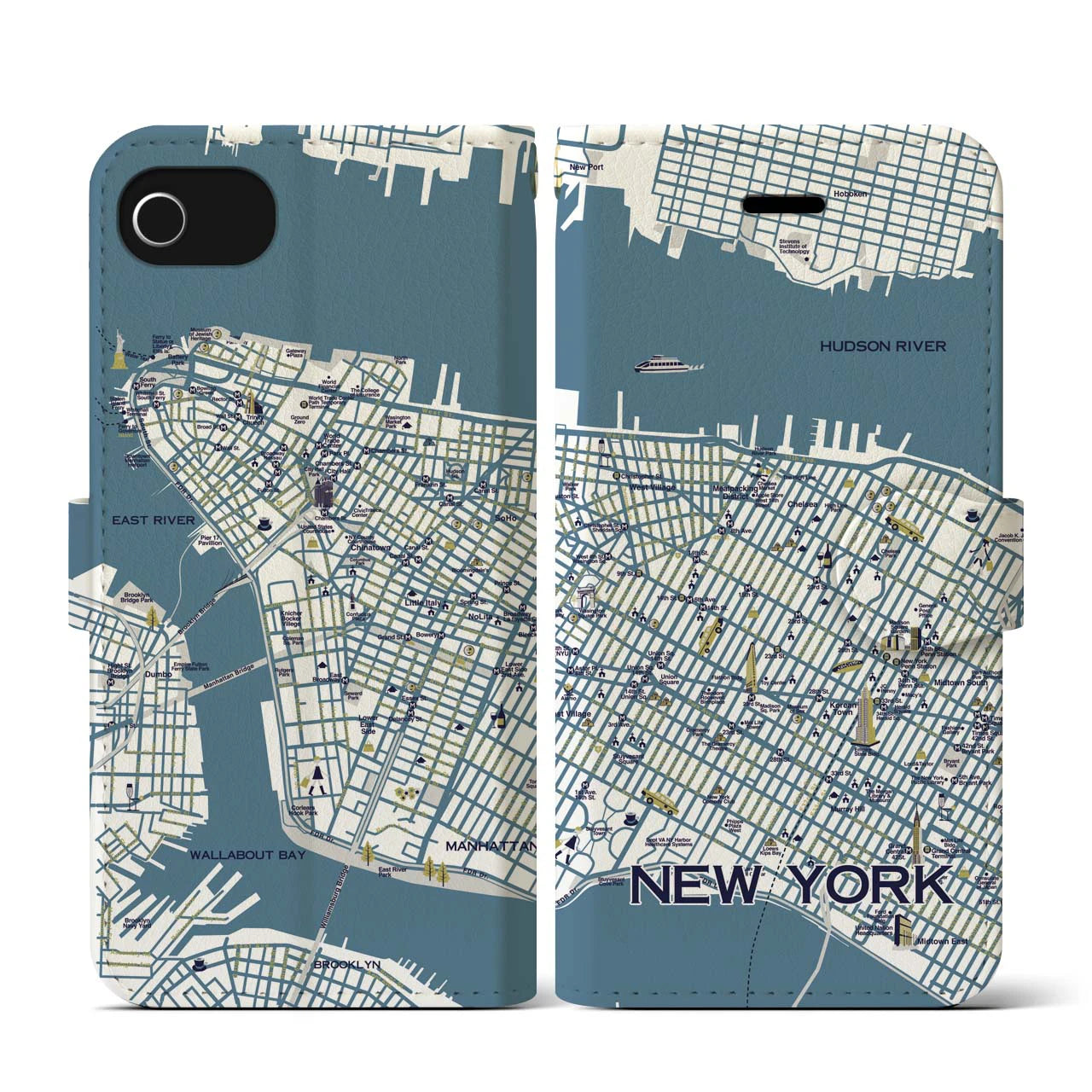 【ニューヨーク（イラスト）】地図柄iPhoneケース（手帳両面タイプ・ブライト）iPhone SE（第3 / 第2世代） / 8 / 7 / 6s / 6 用