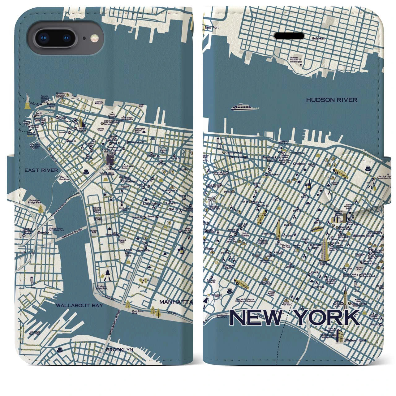 【ニューヨーク（イラスト）】地図柄iPhoneケース（手帳両面タイプ・ブライト）iPhone 8Plus /7Plus / 6sPlus / 6Plus 用