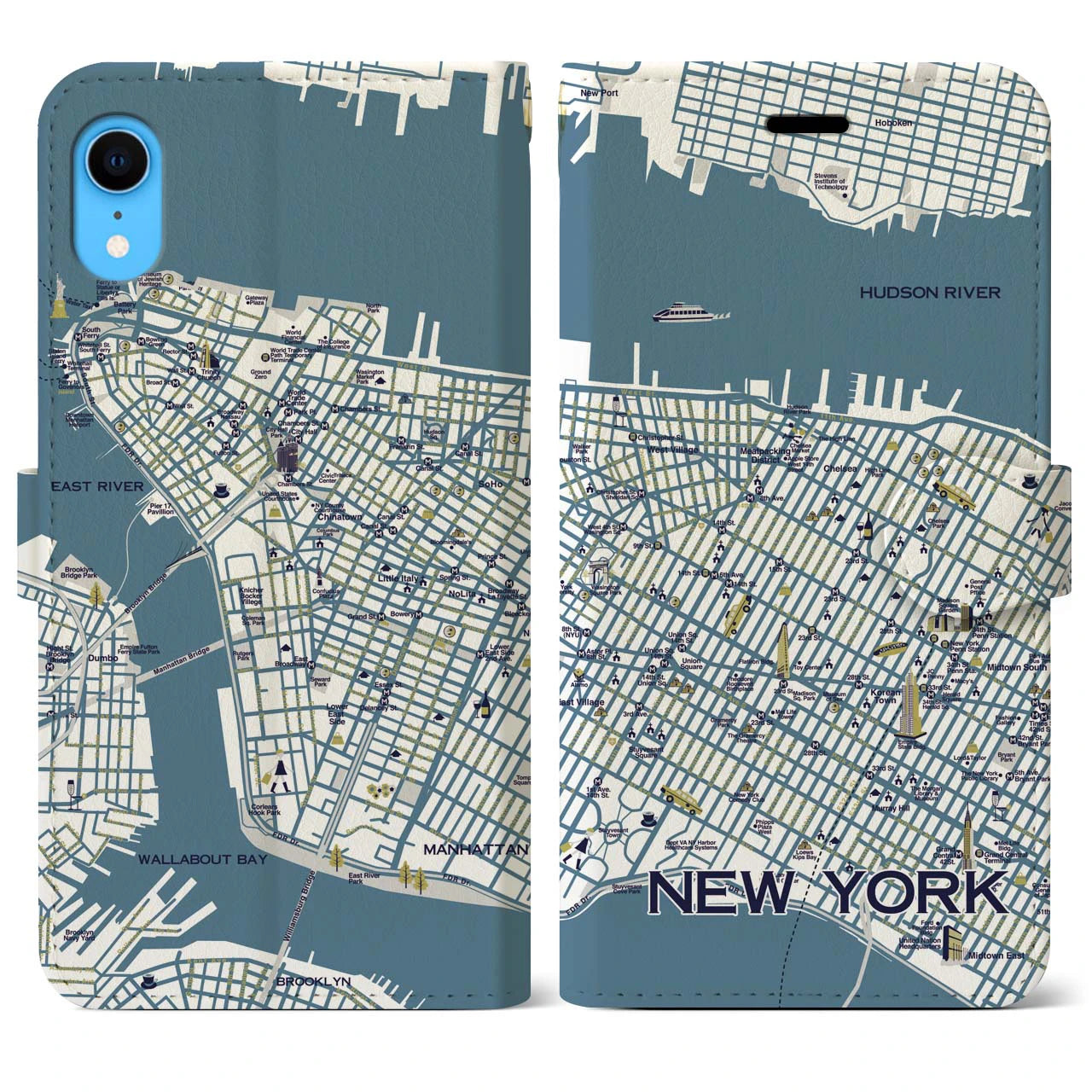 【ニューヨーク（イラスト）】地図柄iPhoneケース（手帳両面タイプ・ブライト）iPhone XR 用