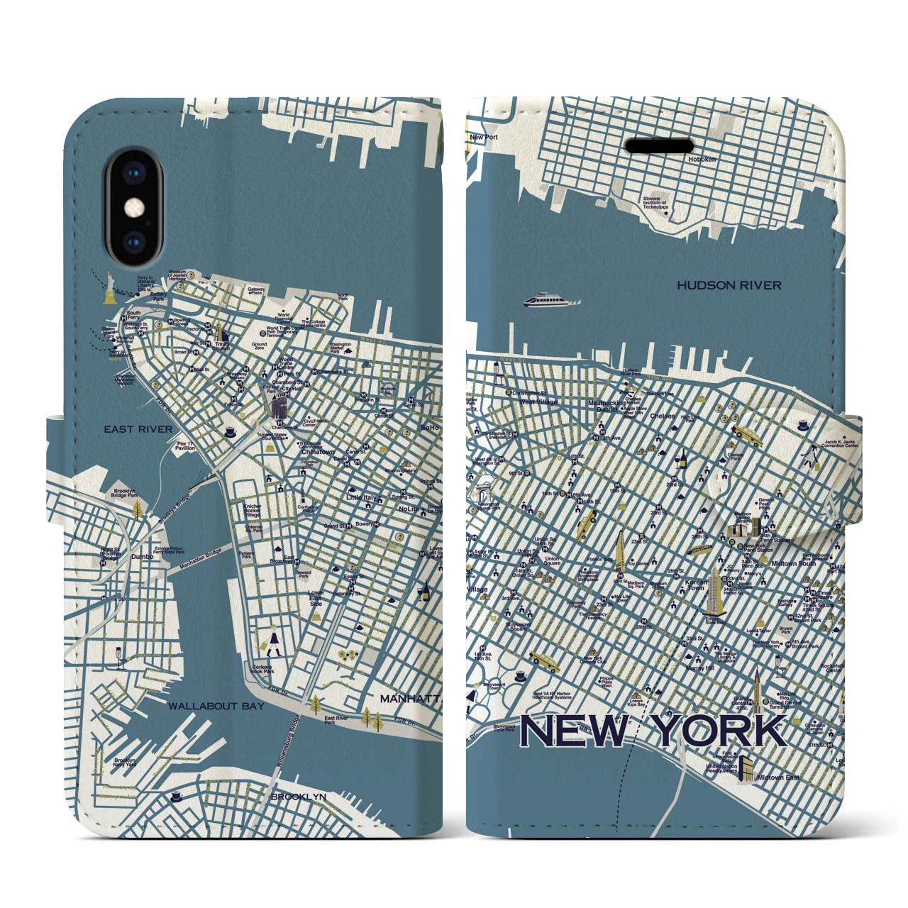 【ニューヨーク（イラスト）】地図柄iPhoneケース（手帳両面タイプ・ブライト）iPhone XS / X 用