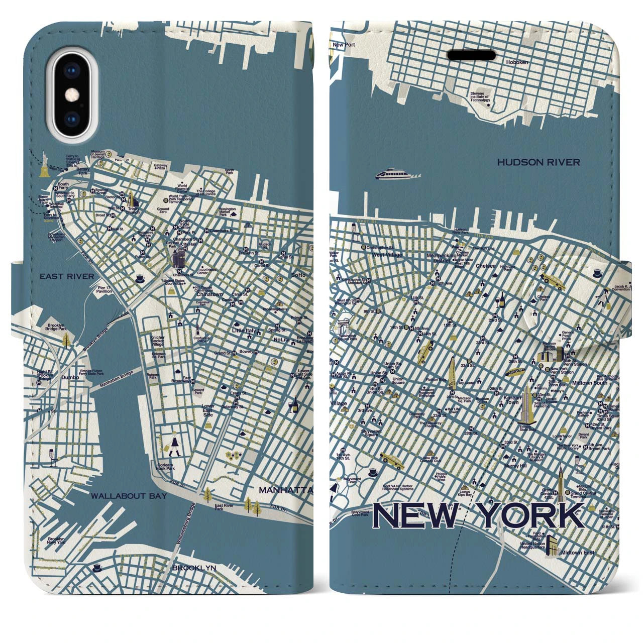【ニューヨーク（イラスト）】地図柄iPhoneケース（手帳両面タイプ・ブライト）iPhone XS Max 用