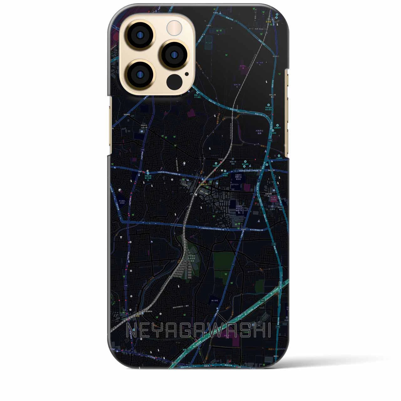【寝屋川市】地図柄iPhoneケース（バックカバータイプ・ブラック）iPhone 12 Pro Max 用