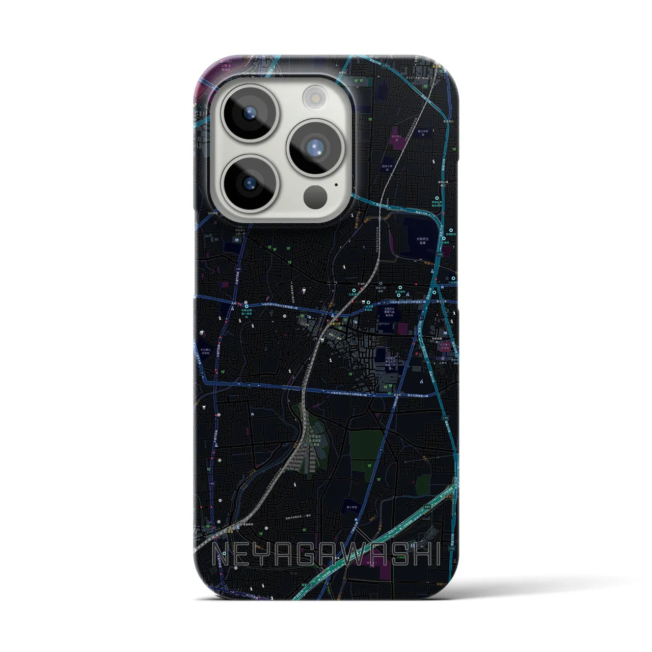 【寝屋川市】地図柄iPhoneケース（バックカバータイプ・ブラック）iPhone 15 Pro 用