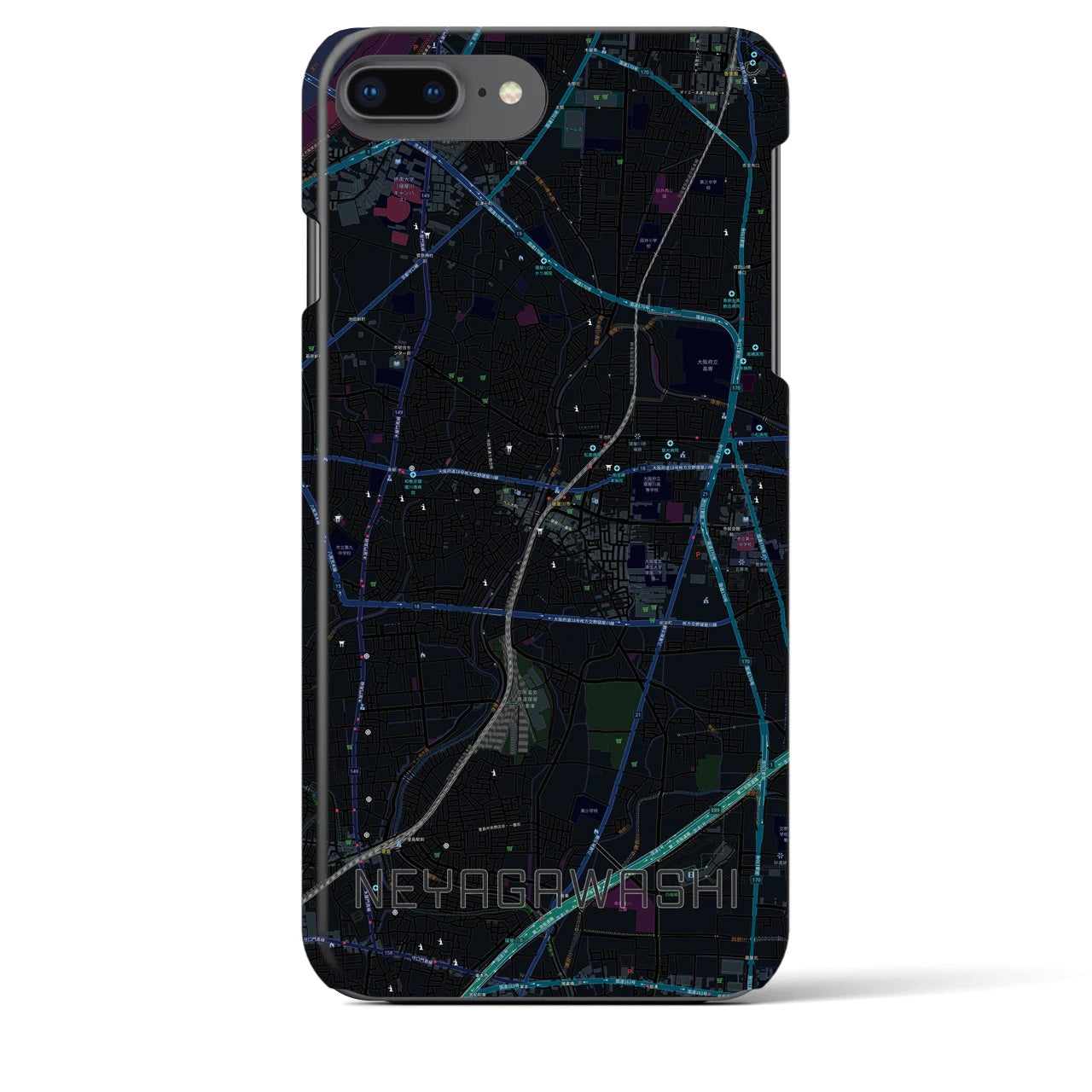 【寝屋川市】地図柄iPhoneケース（バックカバータイプ・ブラック）iPhone 8Plus /7Plus / 6sPlus / 6Plus 用