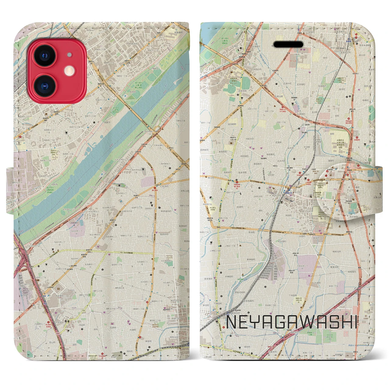 【寝屋川市】地図柄iPhoneケース（手帳両面タイプ・ナチュラル）iPhone 11 用