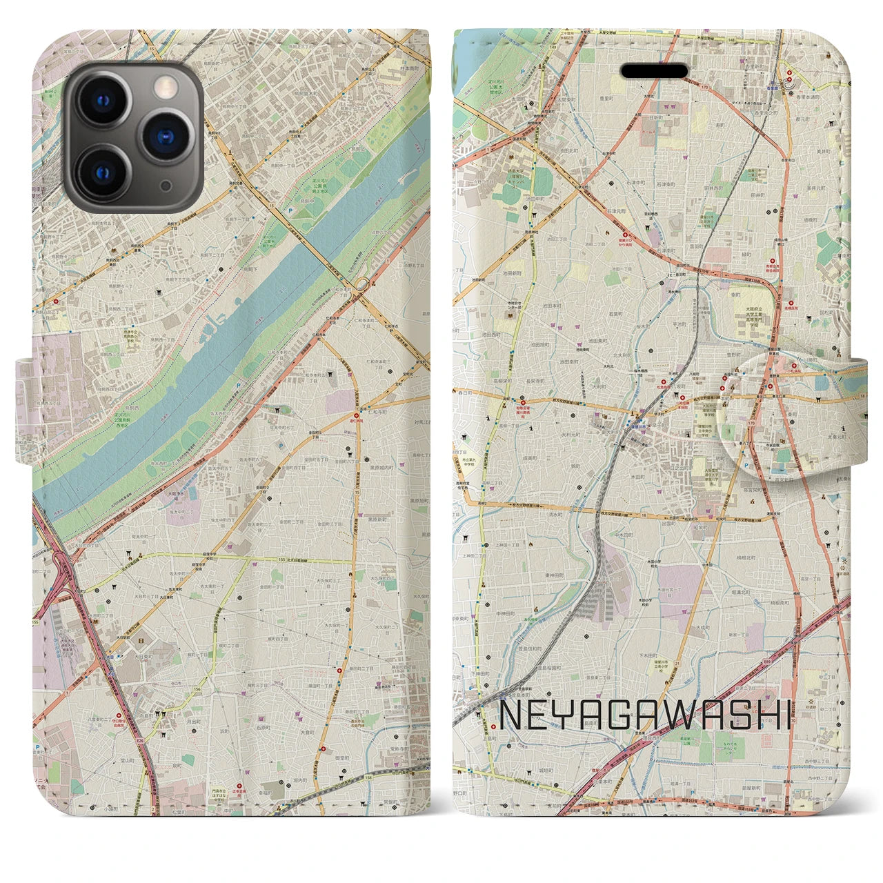 【寝屋川市】地図柄iPhoneケース（手帳両面タイプ・ナチュラル）iPhone 11 Pro Max 用