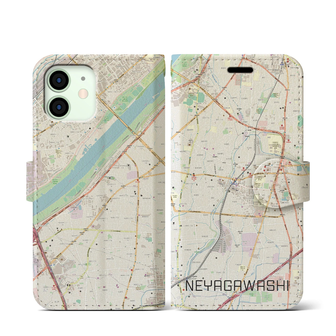 【寝屋川市】地図柄iPhoneケース（手帳両面タイプ・ナチュラル）iPhone 12 mini 用