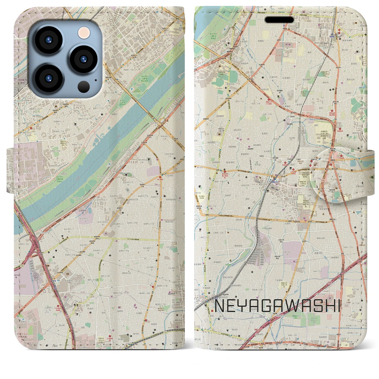【寝屋川市】地図柄iPhoneケース（手帳両面タイプ・ナチュラル）iPhone 13 Pro Max 用