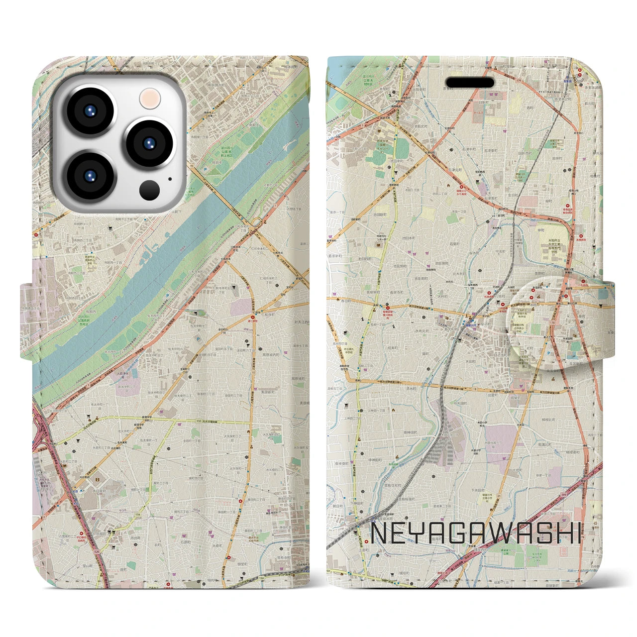 【寝屋川市】地図柄iPhoneケース（手帳両面タイプ・ナチュラル）iPhone 13 Pro 用