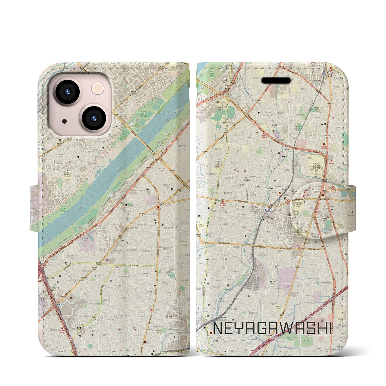【寝屋川市】地図柄iPhoneケース（手帳両面タイプ・ナチュラル）iPhone 13 mini 用