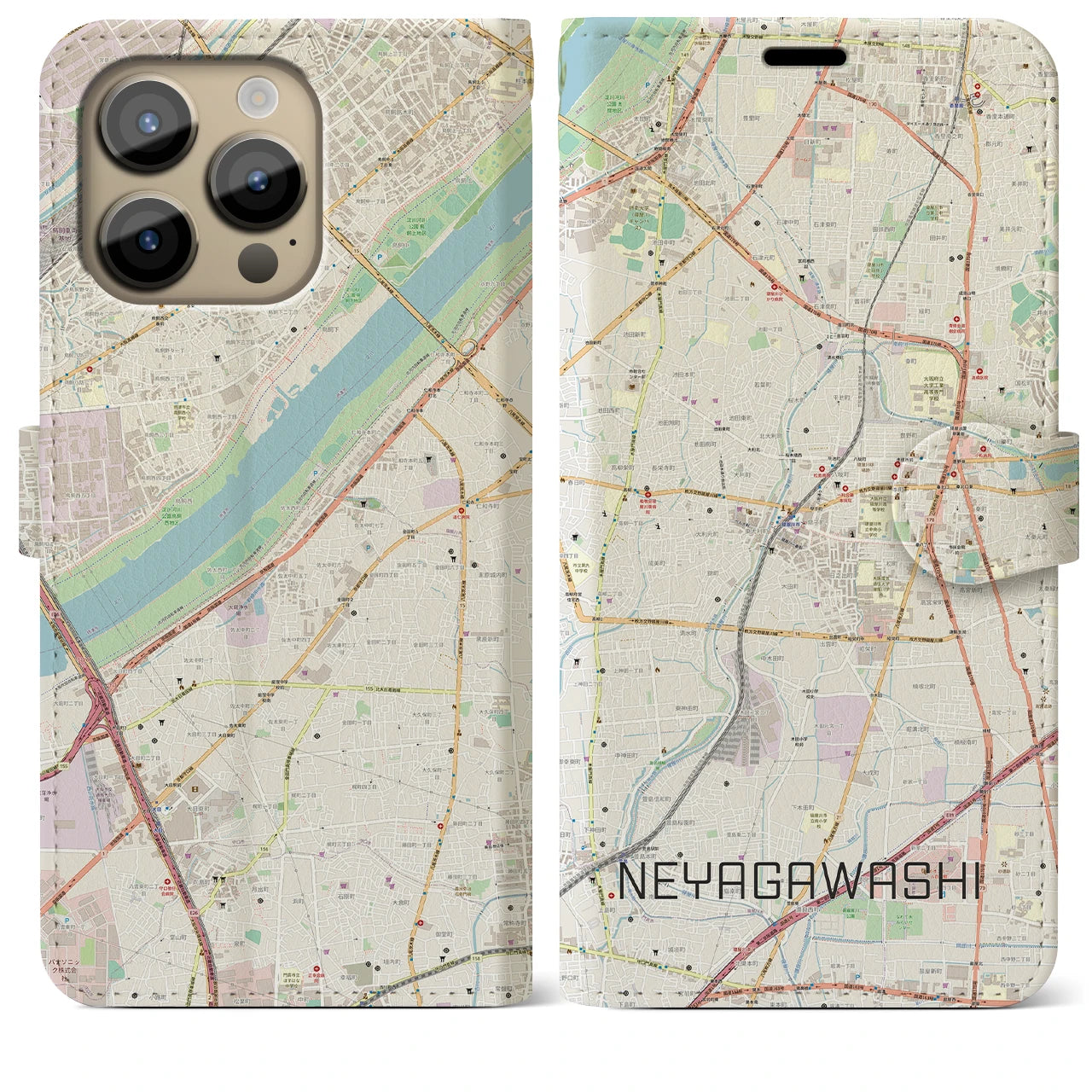 【寝屋川市】地図柄iPhoneケース（手帳両面タイプ・ナチュラル）iPhone 14 Pro Max 用