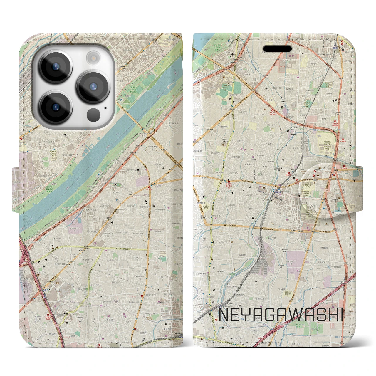 【寝屋川市】地図柄iPhoneケース（手帳両面タイプ・ナチュラル）iPhone 14 Pro 用