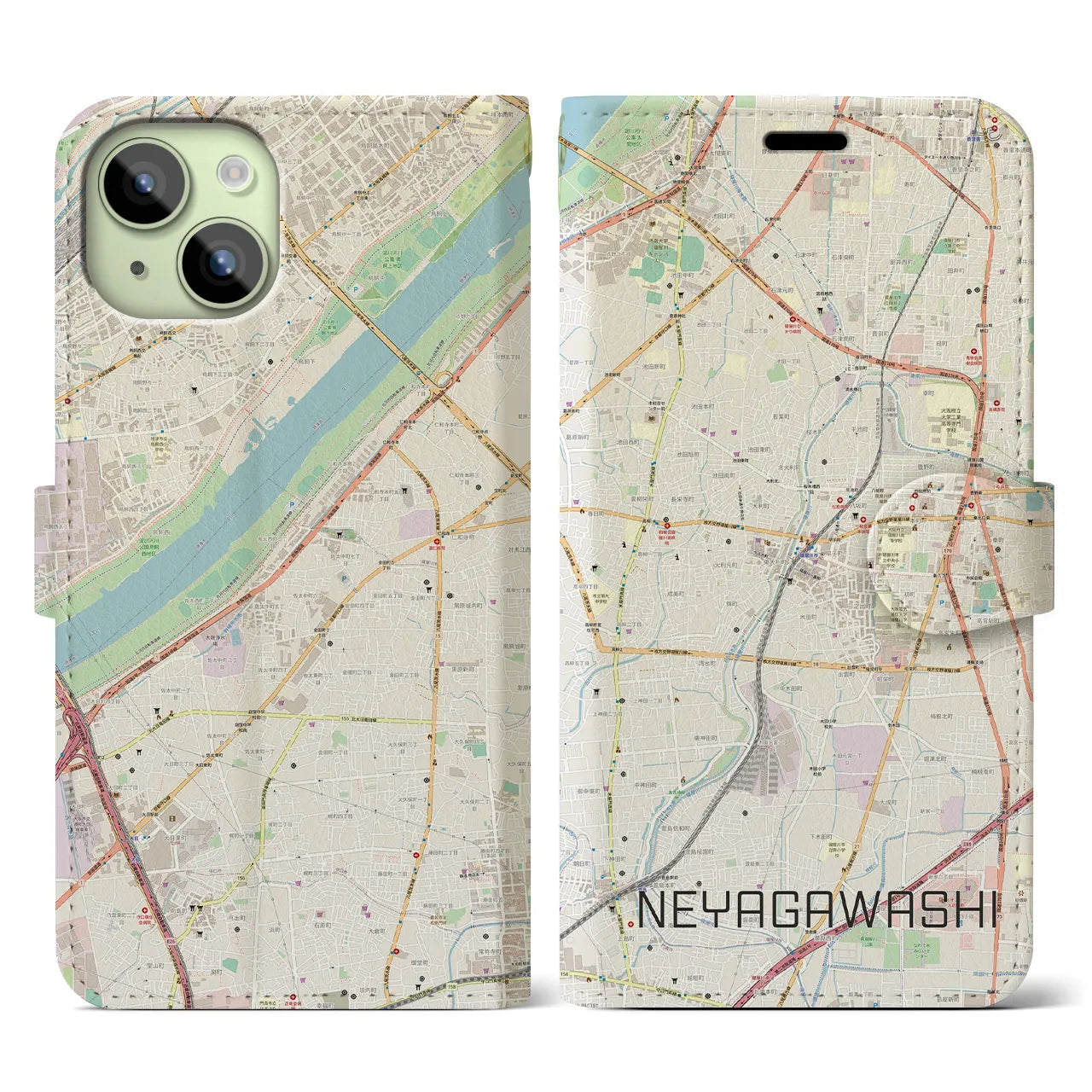 【寝屋川市】地図柄iPhoneケース（手帳両面タイプ・ナチュラル）iPhone 15 用