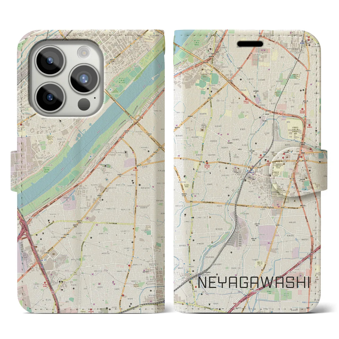 【寝屋川市】地図柄iPhoneケース（手帳両面タイプ・ナチュラル）iPhone 15 Pro 用