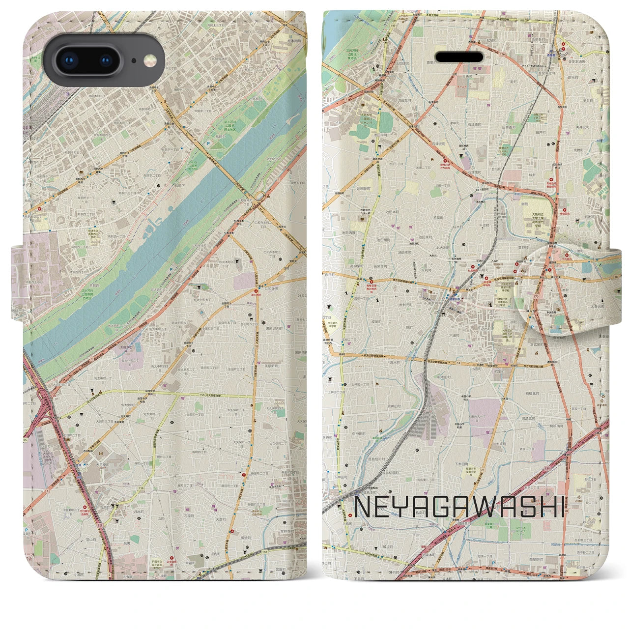【寝屋川市】地図柄iPhoneケース（手帳両面タイプ・ナチュラル）iPhone 8Plus /7Plus / 6sPlus / 6Plus 用