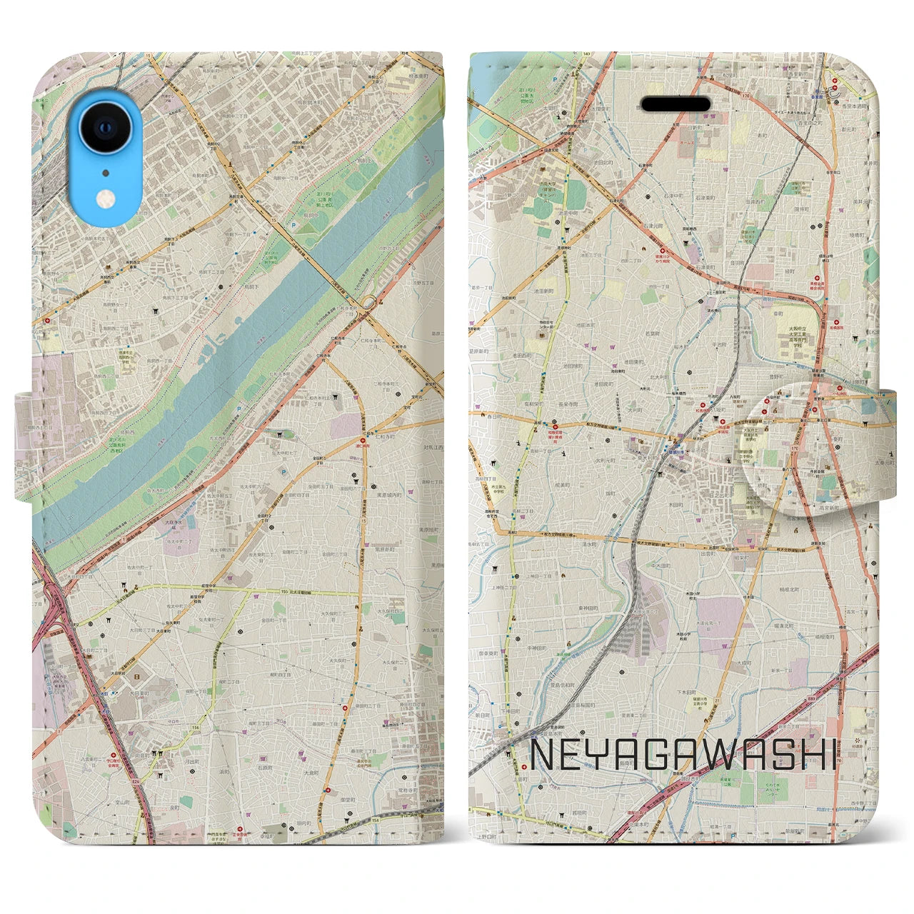 【寝屋川市】地図柄iPhoneケース（手帳両面タイプ・ナチュラル）iPhone XR 用