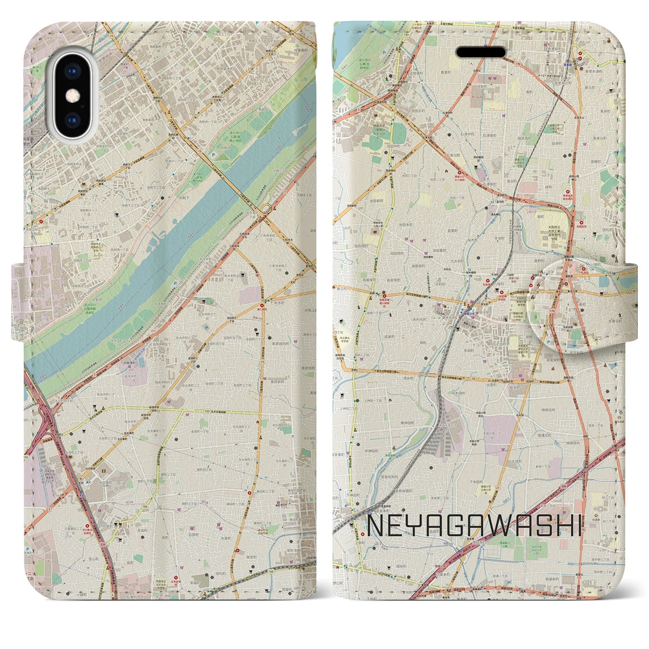 【寝屋川市】地図柄iPhoneケース（手帳両面タイプ・ナチュラル）iPhone XS Max 用