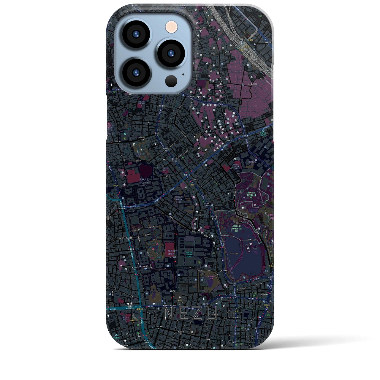 【根津】地図柄iPhoneケース（バックカバータイプ・ブラック）iPhone 13 Pro Max 用