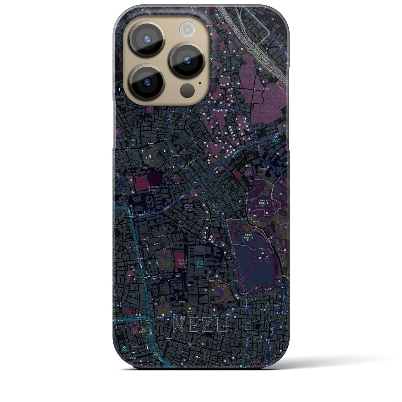 【根津】地図柄iPhoneケース（バックカバータイプ・ブラック）iPhone 14 Pro Max 用